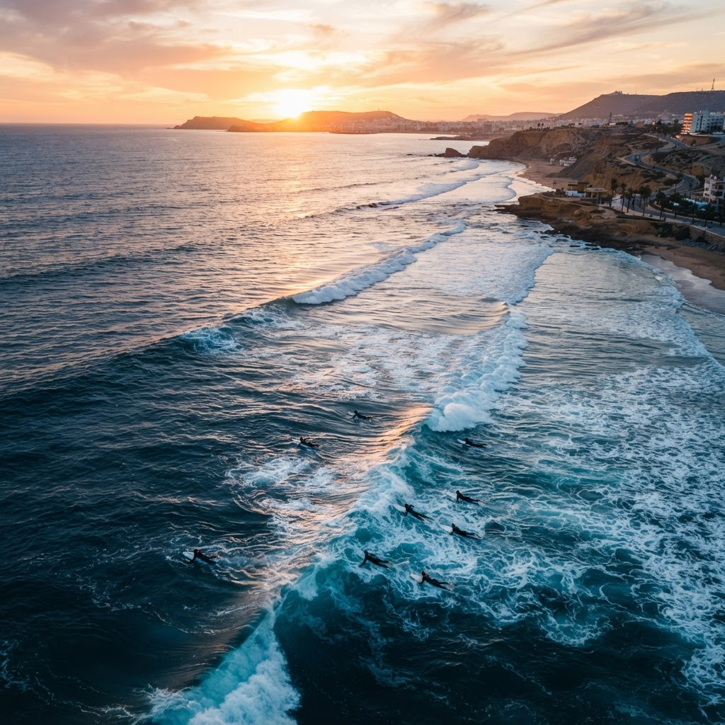 Aerial view of surfers paddling out through Atlantic waves near Agadir at sunset